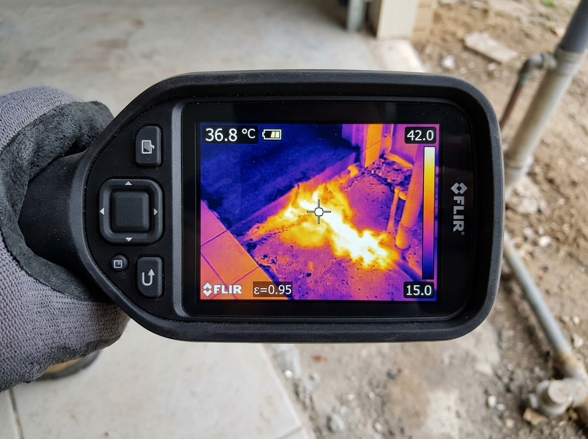 Thermal imaging of hot water pipe slab leak under flooring in Bryan TX