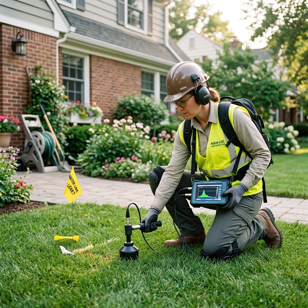Plumbing technician using electronic leak detector and moisture meter in Bryan TX